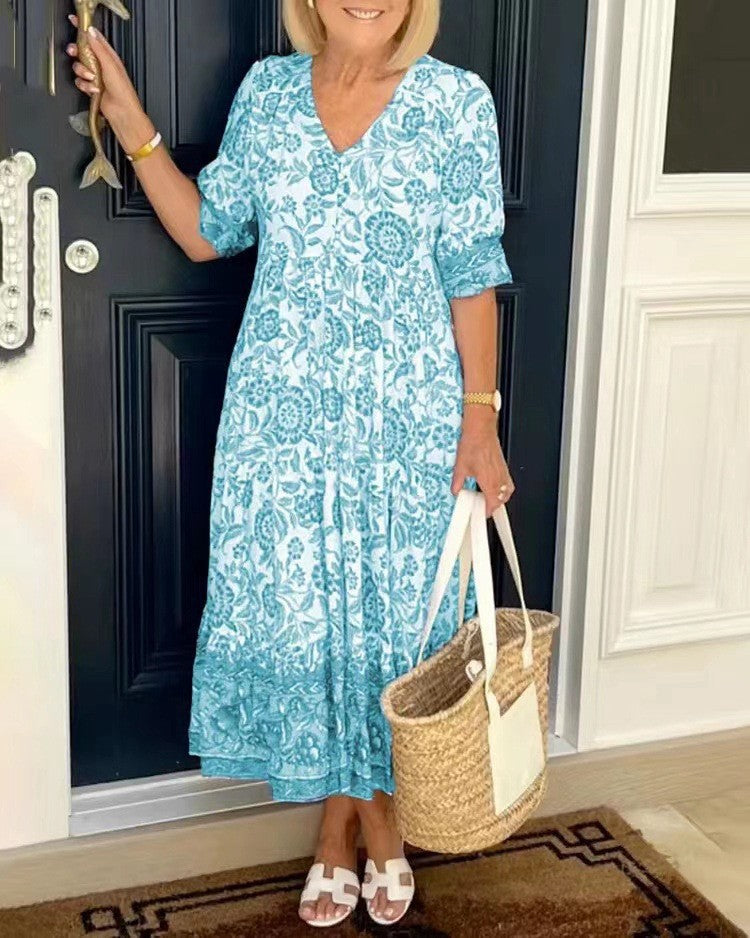 🏆New Style-49%OFF🔥Boho Deep V Half Sleeve Dress Loose Floral Skirt