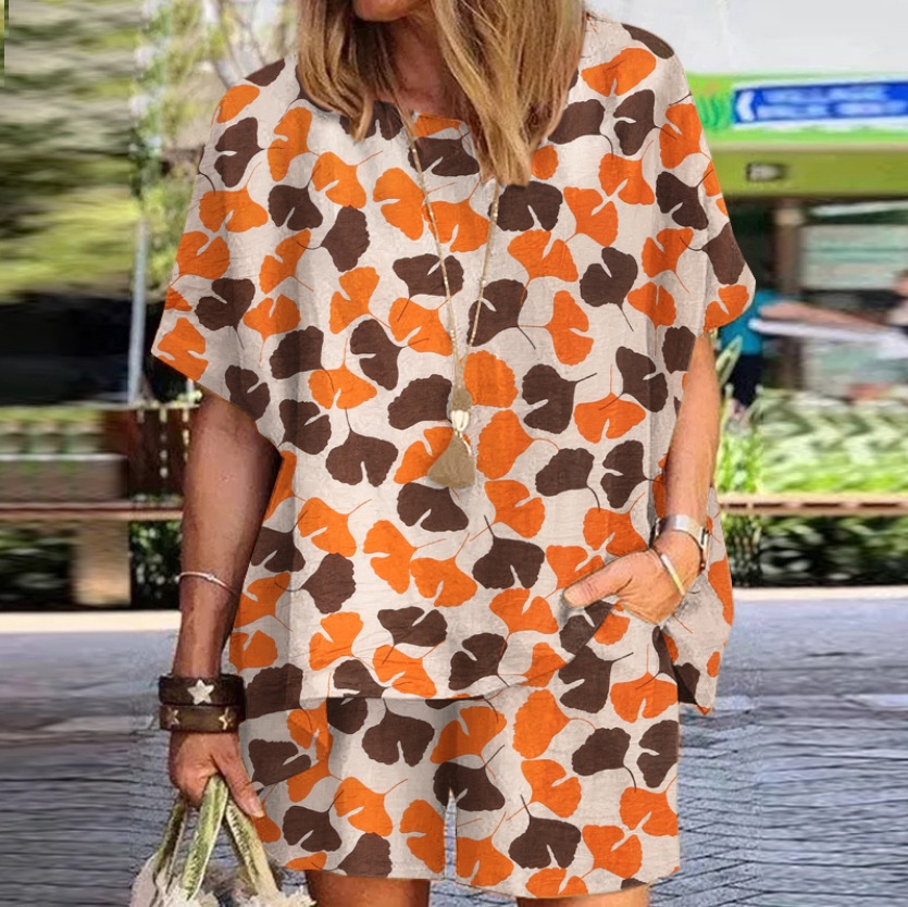 Women'S Polka Dot Print Round Neck Loose Short Sleeve Shorts Two-Piece Set
