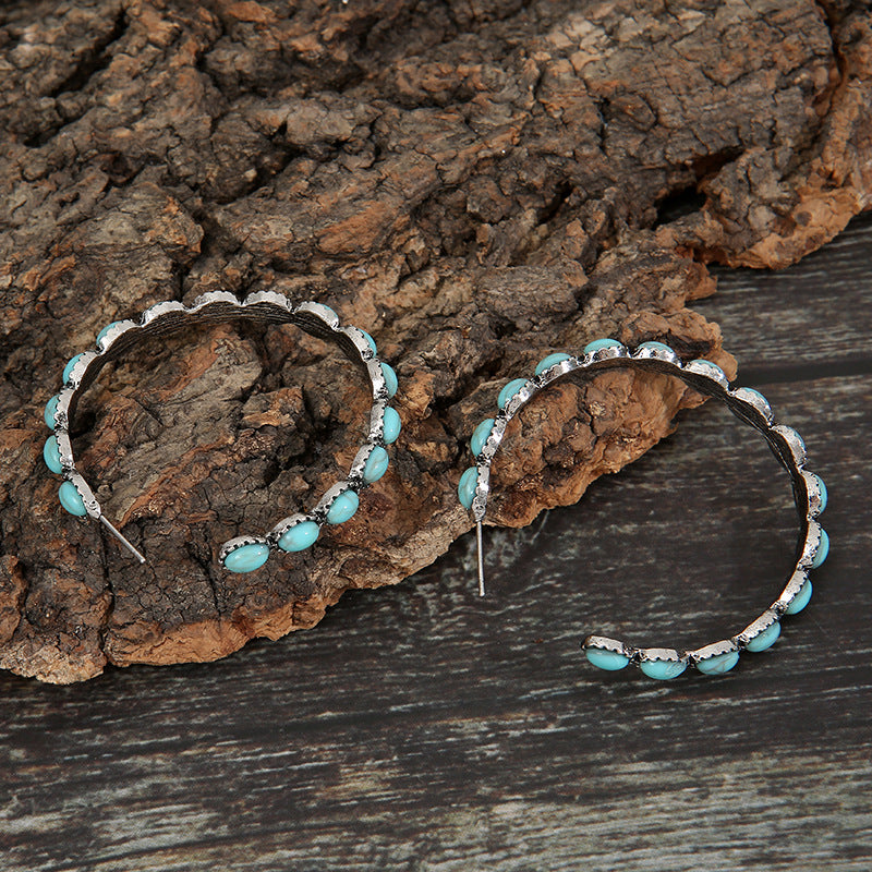 Retro Western Style Turquoise Big Circle C- Shaped Earrings