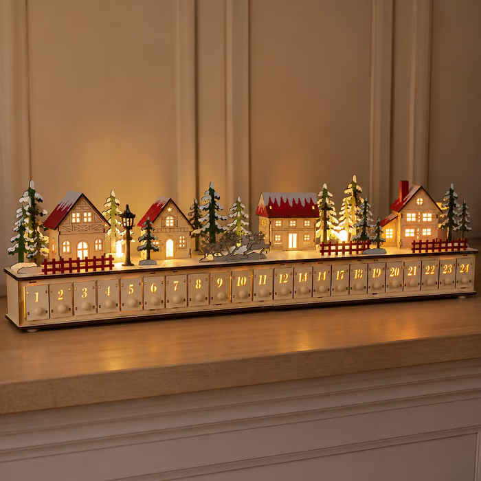 Light-Up Wooden Christmas Village Advent Calendar🎄 – 24 Fillable Drawers