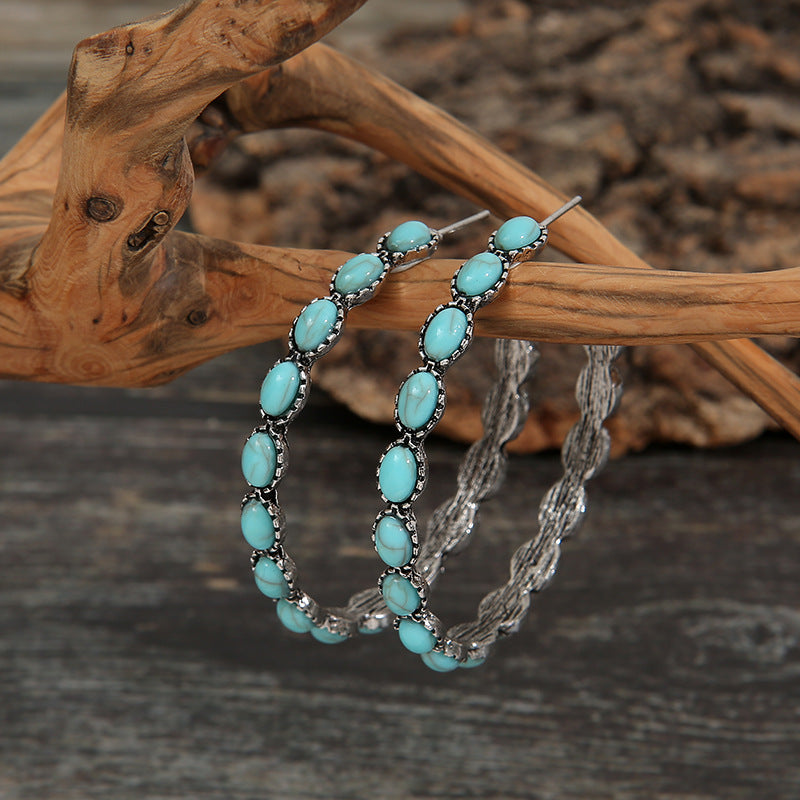 Retro Western Style Turquoise Big Circle C- Shaped Earrings