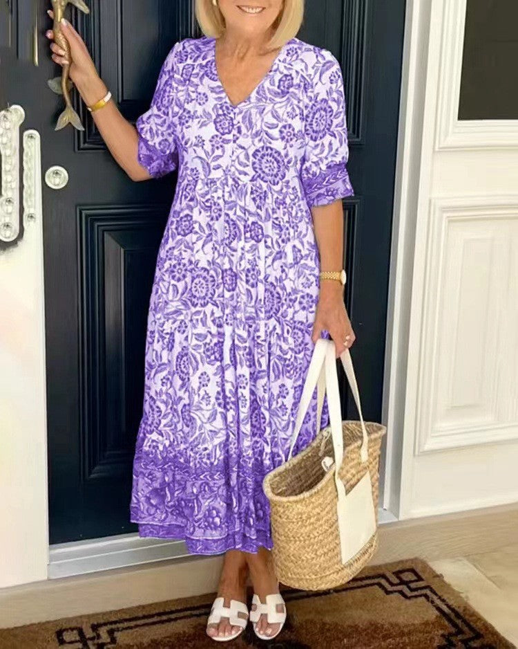 🏆New Style-49%OFF🔥Boho Deep V Half Sleeve Dress Loose Floral Skirt