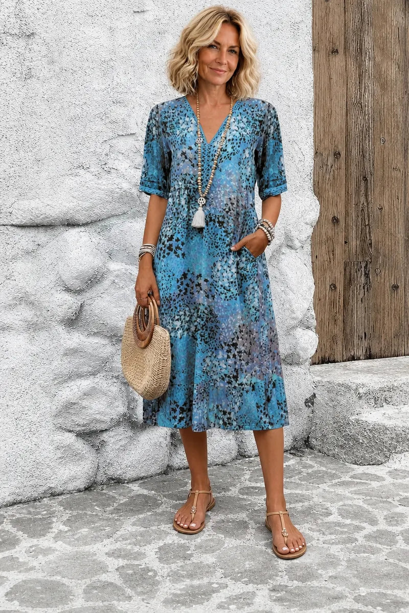 Women's Short Sleeve Summer Leopard Lace Dress V Neck Daily Going Out Casual Knee Length A-Line Khaki