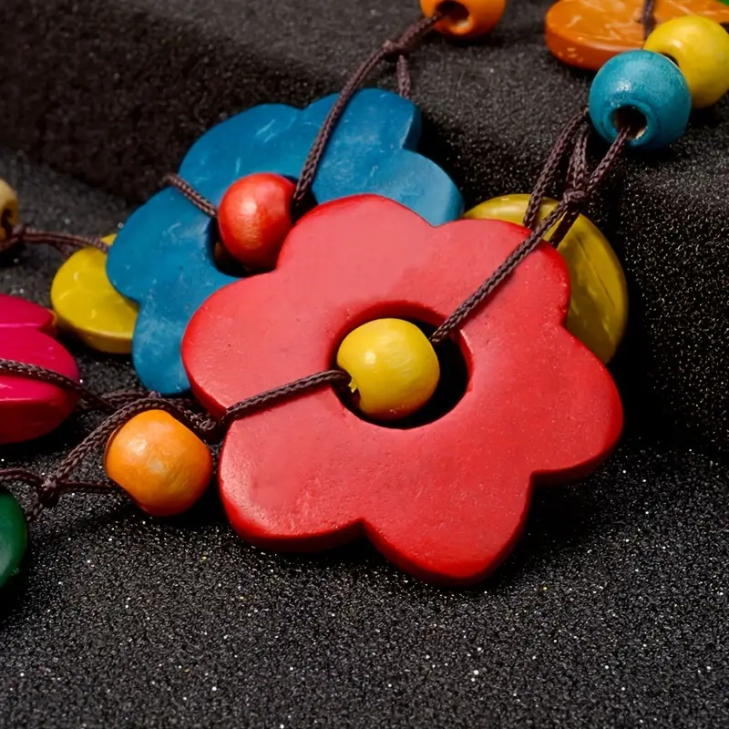 Handmade Boho Multilayer Wooden Multicolor Flower Necklace