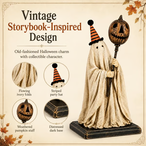 🎃Lighted Vintage Ghost Figurine with Glowing Pumpkin Staff