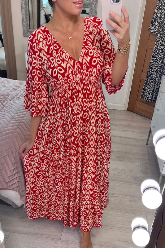 🔥Last Day 50% OFF-Bohemian Print V-Neck Waist Wrap Maxi Dress