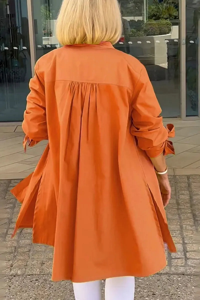 Solid Color Long Cotton Shirt Jackets Women Swing Shap Flattering