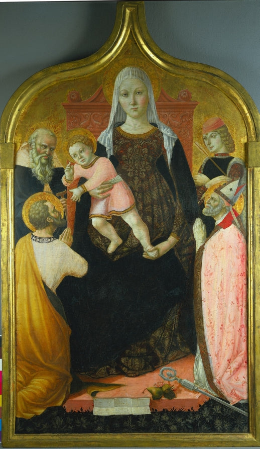 Virgin and Child, with Saints Anthony Abbott, Mark, Severino, and Sebastian by Lorenzo da Sanseverino (Italian, 1468–1500) - Classic Art canvas print