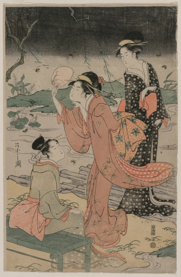 Women Beside a Stream Chasing Fireflies by Chōbunsai Eishi (Japanese, 1756–1829) - Classic Art canvas print