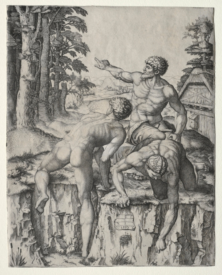 The Climbers Three Figures from Michelangelo's Battle of Cascina by Marcantonio Raimondi (Italian, 1470/82–1527/34) - Classic Art canvas print