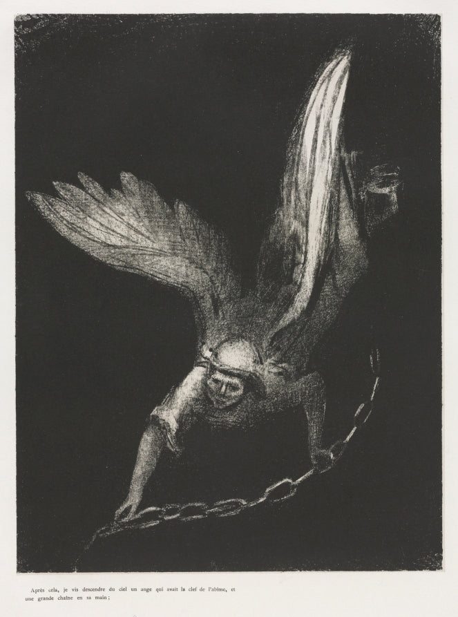 And I Saw an Angel Coming Down from Heaven, Having the Key of the Bottomless Pit and a Great Chain in His Hand by Odilon Redon (French, 1840–1916) - Symbolist canvas print