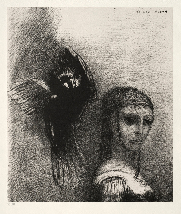 And a Large Bird, Descending from the Sky, Hurls Itself against the Topmost Point of Her Hair by Odilon Redon (French, 1840–1916) - Symbolist canvas print