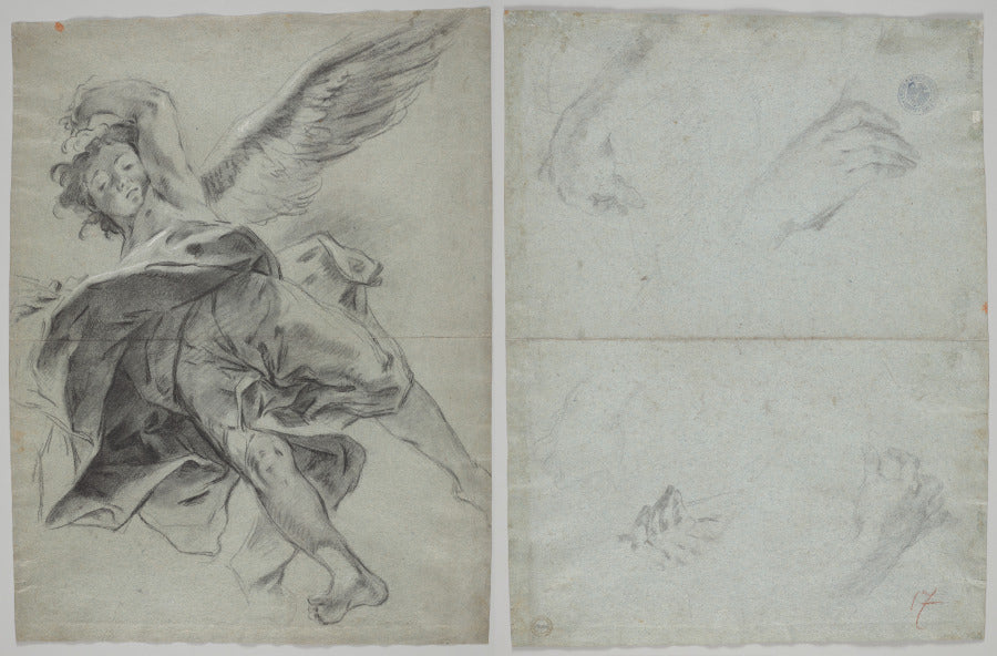 A Flying Angel recto Studies of Hands Playing Instruments verso by Giovanni Battista Piazzetta (Italian, 1682–1754) - Classic Art canvas print