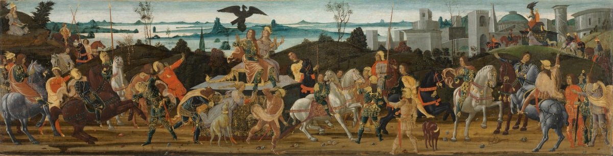Tarquinius Priscus Entering Rome by Jacopo del Sellaio (Italian, c. 1441–1493) - Classic Art canvas print