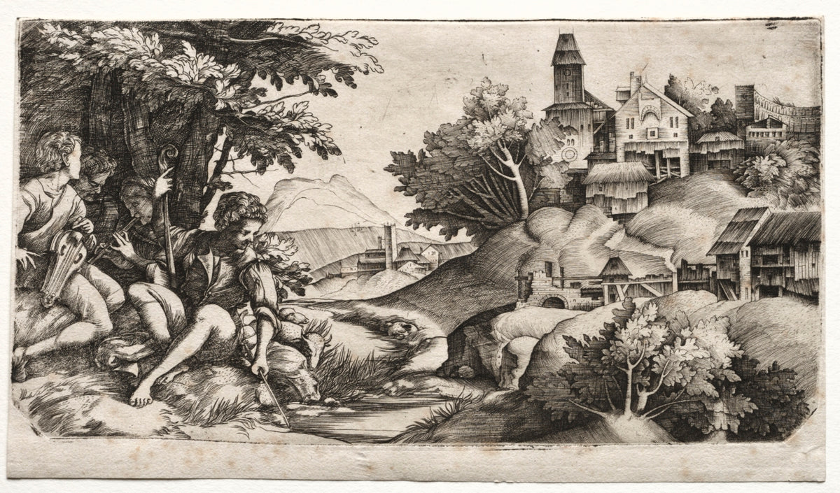 Shepherds in a Landscape by Giulio Campagnola (Italian, 1482–1515) - Classic Art canvas print