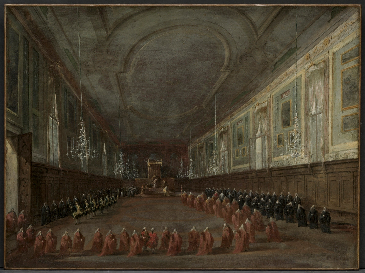 Pope Pius VI Descending the Throne to Take Leave of the Doge in the Hall of SS. Giovanni e Paolo, 1782 by Francesco Guardi (Italian, 1712–1793) - Classic Art canvas print
