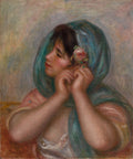 Young Woman Arranging Her Earring by Pierre-Auguste Renoir (French, 1841–1919) - Impressionist canvas print