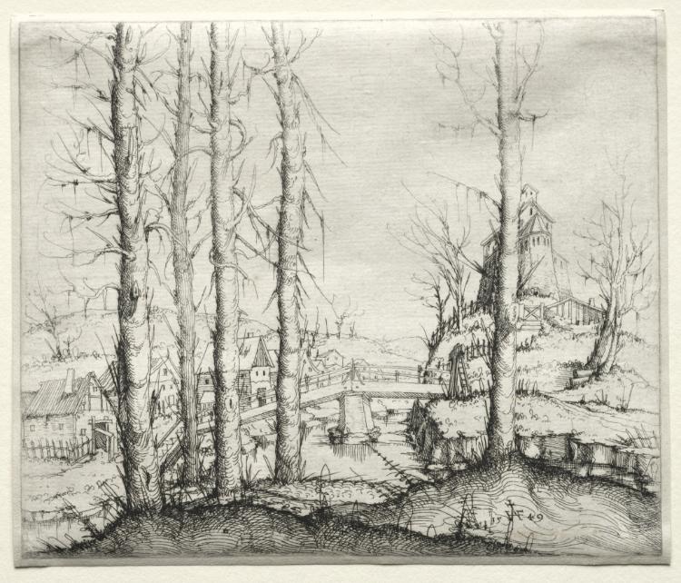 River Landscape with Five Bare Spruce Trees in the Foreground by Augustin Hirschvogel (German, 1503–1553) - Classic Art canvas print