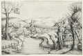 River Landscape with Three Bare Willow Trees at Right and a Long Winding Wooden Bridge at Center Leading to a Village by Augustin Hirschvogel (German, 1503–1553) - Classic Art canvas print