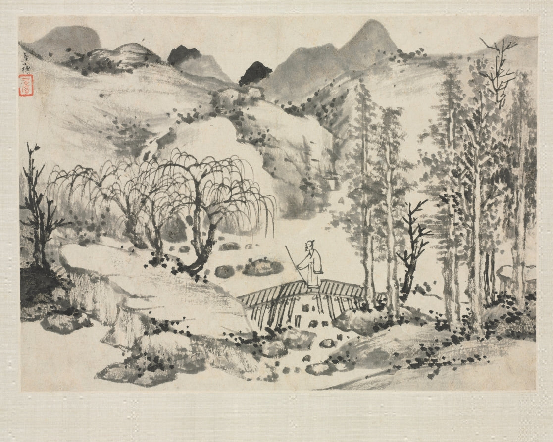 Landscape Album in Various Styles Landscape with Artist on a Bridge by Zha Shibiao (Chinese, 1615–1698) - Classic Art canvas print