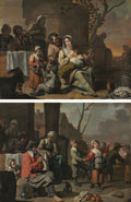 Vintage Scene and Peasant Children Dancing painting pair by Le Nain (French) - Classic Art canvas print