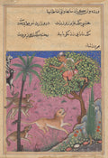 The wolf and the jackal, serving as viziers, instigate the lion who pursues the Brahman up a tree, from a Tuti-nama Tales of a Parrot Twenty-first Night by  - Classic Art canvas print