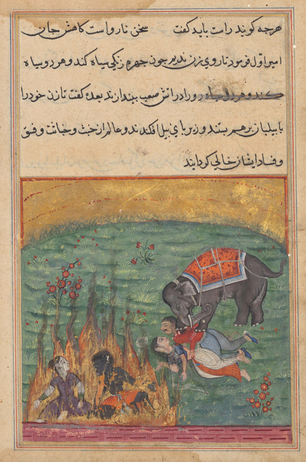 As punishment, the jesters wife and the Zangi are thrown into fire and the emirs wife and the mahout are trampled by an elephant, from a Tuti-nama Tales of a Parrot, Twenty-second Night by  - Classic Art canvas print