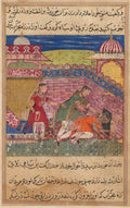 The deceitful wife ejects the procuress after blackening her face, from a Tuti-nama Tales of a Parrot Eighth Night by Shravana (Indian, active 1550s–c.1600) - Classic Art canvas print