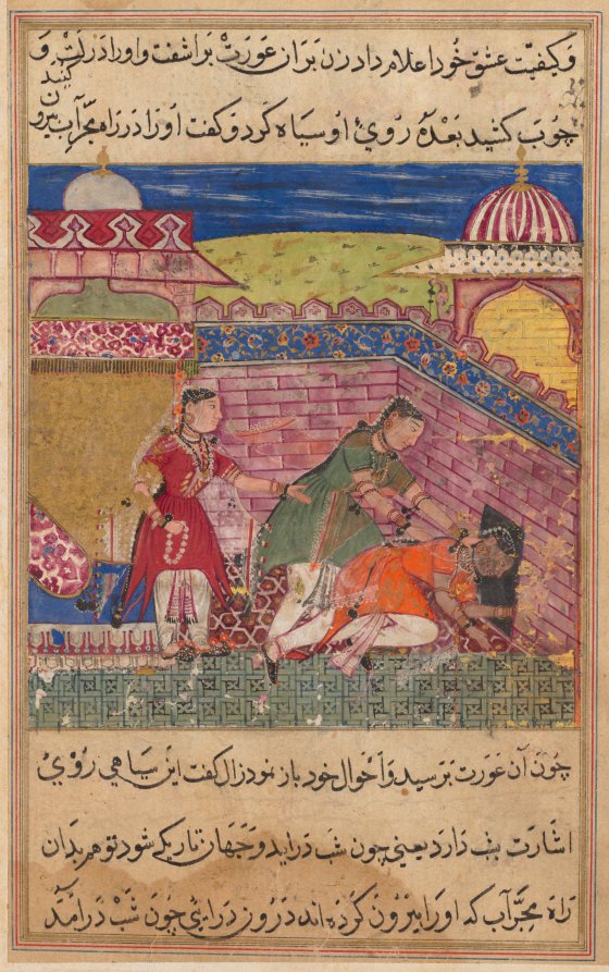 The deceitful wife ejects the procuress after blackening her face, from a Tuti-nama Tales of a Parrot Eighth Night by Shravana (Indian, active 1550s–c.1600) - Classic Art canvas print