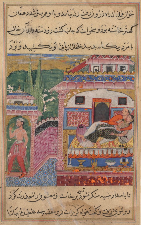 The farmer, father of the son with the deceitful wife, steals away with her anklet while she is in bed with her lover, from a Tuti-nama Tales of a Parrot Eighth Night by  - Classic Art canvas print