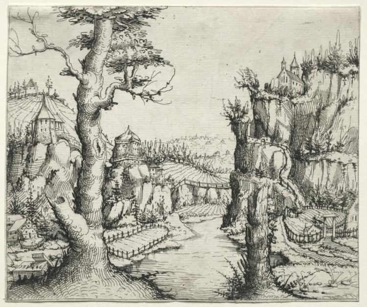 River Landscape with Rocks at Left and Right by Augustin Hirschvogel (German, 1503–1553) - Classic Art canvas print