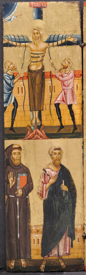The Crucifixion of St. Andrew, with St. Francis and St. Paul below by Berlinghiero (Italian, before 1242) - Classic Art canvas print