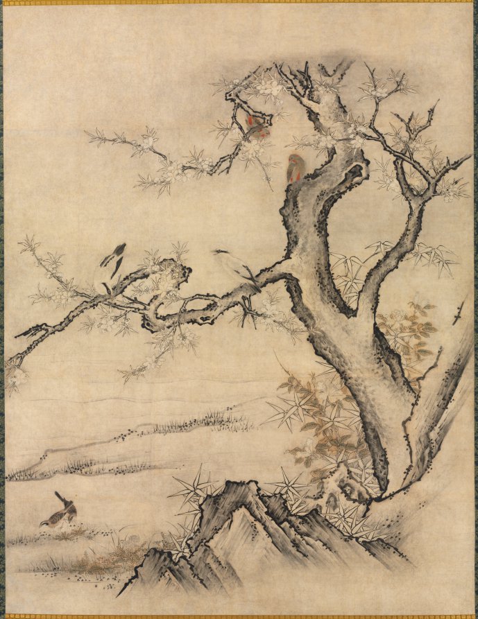 Flowers and Birds in a Spring Landscape by Kano Motonobu (Japanese, c. 1476–1559) - Classic Art canvas print