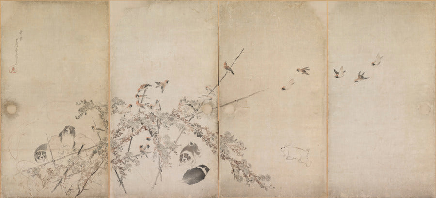 Puppies, Sparrows, and Chrysanthemums by Nagasawa Rosetsu (Japanese, 1754–1799) - Classic Art canvas print