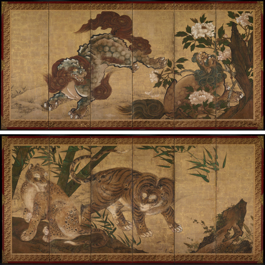 Lions and Tigers in Peony and Bamboo by Yamaguchi Sekkei (Japanese, 1644–1732) - Classic Art canvas print