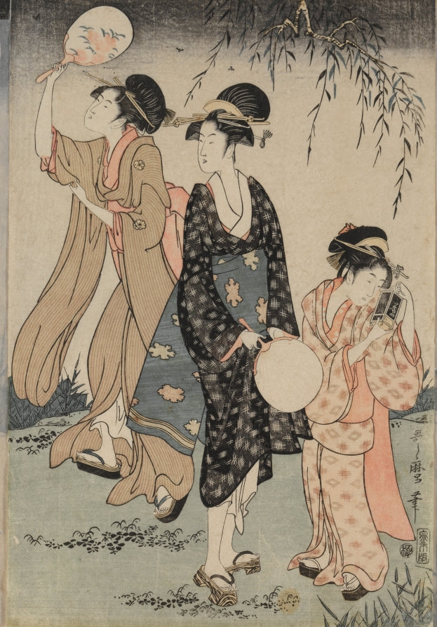 Catching Fireflies Beneath a Willow Tree center by Kitagawa Utamaro (Japanese, c. 1754–1806) - Classic Art canvas print