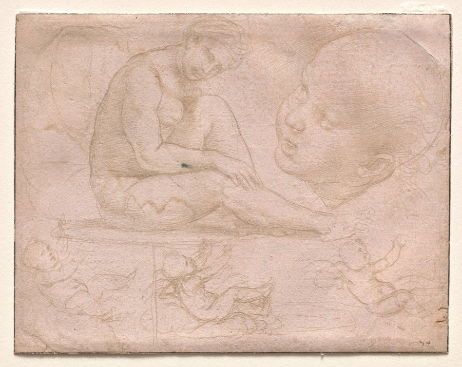 Studies of a Seated Female, Child's Head, and Three Studies of a Baby by Raphael (Italian, 1483–1520) - Renaissance canvas print