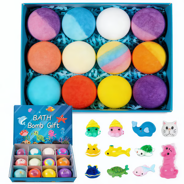 12-Pack Kids Bath Bombs with Surprise Spring Toys Inside - Easter Basket Stuffers for Boys & Girls - Skin-Soothing Bath Fizzies Gift Set (Ages 3+)