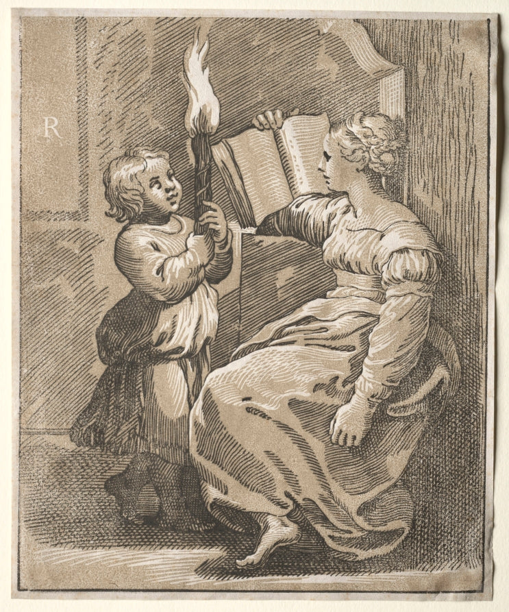 Sibyl Reading with a Child Holding a Torch by Ugo da Carpi (Italian, c. 1479–c. 1532) - Classic Art canvas print