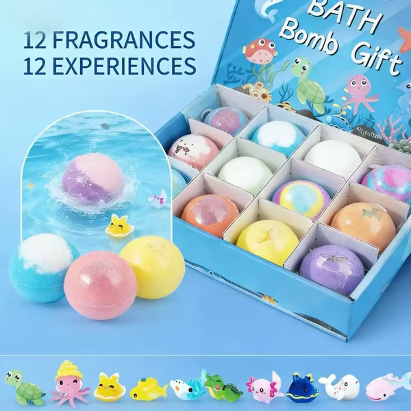 12-Pack Kids Bath Bombs with Surprise Spring Toys Inside - Easter Basket Stuffers for Boys & Girls - Skin-Soothing Bath Fizzies Gift Set (Ages 3+)