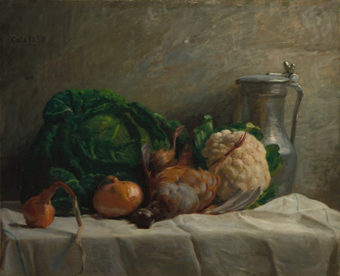 Still Life with Vegetables, Partridge, and a Jug by Adolphe-Félix Cals (French, 1810–1880) - Classic Art canvas print