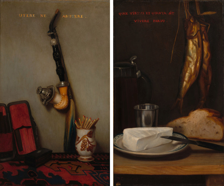 Still Life with Pipe and Matches and Still Life with Herring, Bread, and Cheese pair by Alexandre-Gabriel Decamps (French, 1803–1860) - Classic Art canvas print