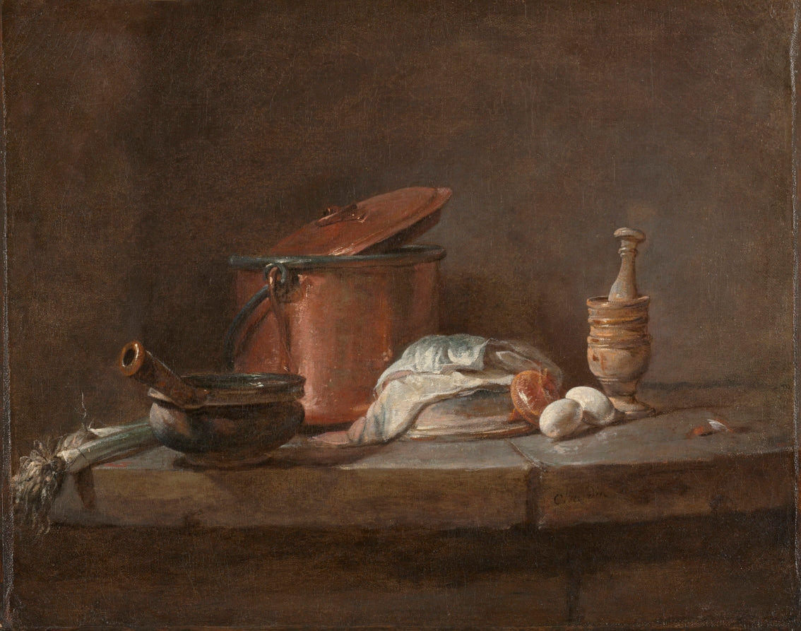 Kitchen Utensils with Leeks, Fish, and Eggs by Jean-Siméon Chardin (French, 1699–1779) - Classic Art canvas print
