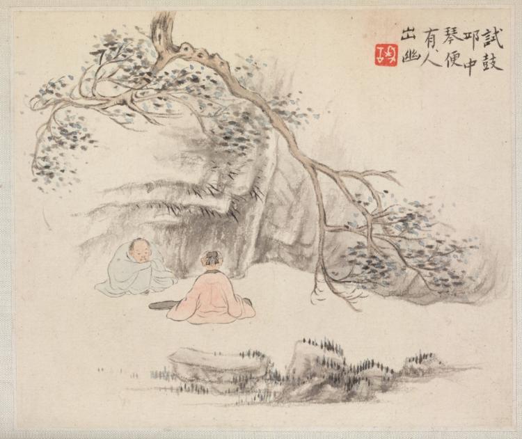 Album of Landscape Paintings Illustrating Old Poems Listening to the Qin by Hua Yan (Chinese, 1682–c. 1765) - Classic Art canvas print