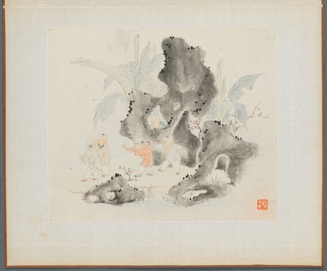 Album of Landscape Paintings Illustrating Old Poems Children Playing Blindman's Buff in a Garden by Hua Yan (Chinese, 1682–c. 1765) - Classic Art canvas print