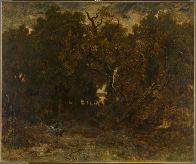 Leaving the Forest, Fontainebleau Setting Sun by Théodore Rousseau (French, 1812–1867) - Naive Art canvas print