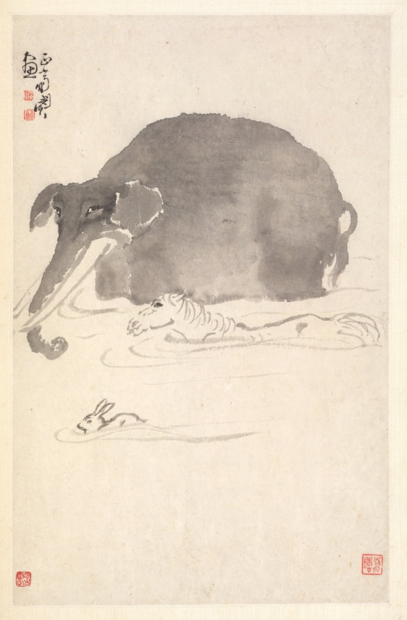 Elephant, Horse, and Hare by Min Zhen (Chinese, 1730–after 1788) - Classic Art canvas print