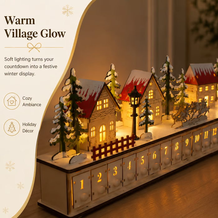 Light-Up Wooden Christmas Village Advent Calendar🎄 – 24 Fillable Drawers