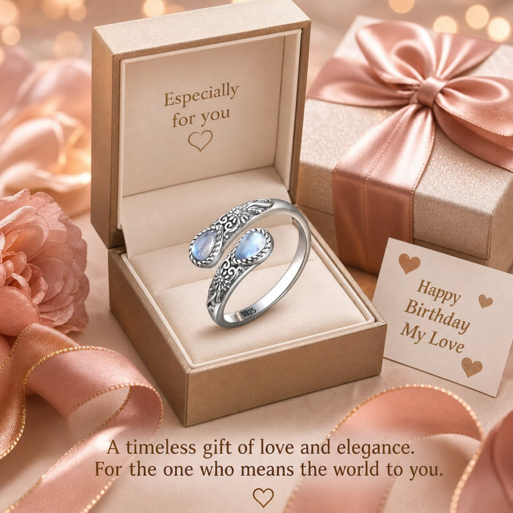 Natural Moonstone Open Rings for Women — Sterling Silver Adjustable Thumb Ring, Healing Crystal Statement Jewelry