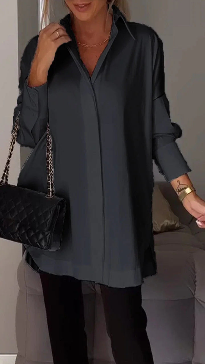 Women Long Sleeve Blouse Lapel Slit Shirt